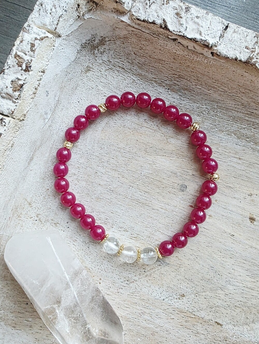 Bright Pink Beaded Stretch Bracelet with Clear Accent Beads